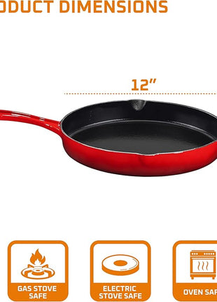 Bruntmor 12-Inch Enameled Cast Iron Skillet - Pre-Seasoned Frying Pan for Cooking, Grilling, and Baking - Smooth Nonstick Cast Iron Pan - Oven Safe and Durable Cookware for Versatile Use - Red