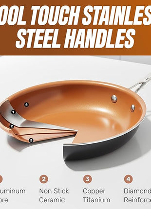 Gotham Steel 12 Pc Ceramic Cookware Set Nonstick, Ceramic Pots and Pans Set Non Stick with Steamer for Cooking, Non Toxic PFOA PFOS Free, Ergonomic Stay Cool Handles, Oven & Dishwasher Safe, Copper