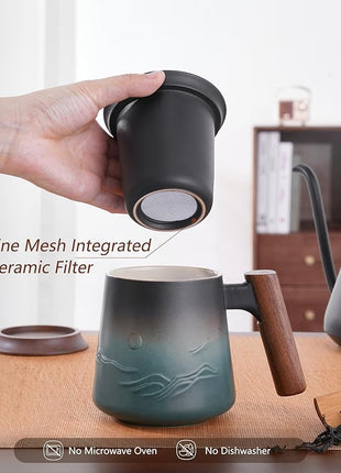 ZENS Embossed Ceramic Tea Mug with Infuser and Lid, 14.5 oz Wooden Handle, Loose Leaf Tea Steeper Cup & Strainer for Tea Lovers Gifts