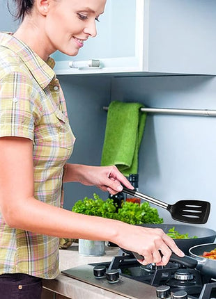 2 Pack Silicone Spatulas Turners, Stainless Steel Cooking Utensils BPA Free,Heat Resistant,Non Stick,Rubber Spatulas for Fish, Eggs, Pancakes, WOK, Black