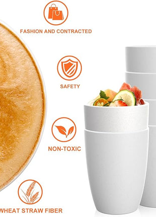 Homienly Wheat Straw Drinking Glasses, 12 OZ Alternative to Plastic Cups Set of 6, Reusable Drinking Cups for Kitchen, Outdoor, Unbreakable Lightweight Water Tumblers, Dishwasher Safe Cup Set(White)