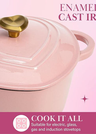 Paris Hilton Enameled Cast Iron Dutch Oven Heart-Shaped Pot with Lid, Dual Handles, Works on All Stovetops, Oven Safe to 500°F, 4-Quart, Pink