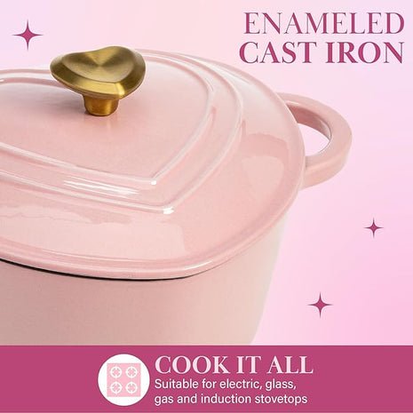 Paris Hilton Enameled Cast Iron Dutch Oven Heart-Shaped Pot with Lid, Dual Handles, Works on All Stovetops, Oven Safe to 500°F, 4-Quart, Pink