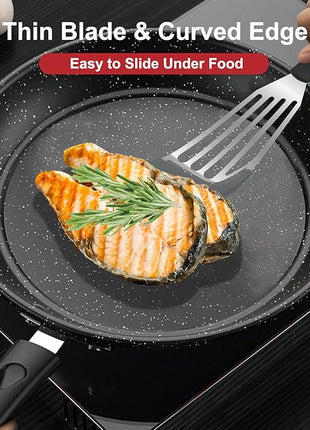 Beijiyi Heat Resistant Silicone Fish Spatulas, 2-Piece Slotted Fish Turner Spatula Set for Non Stick Frying Pan, Kitchen Cooking Utensils Flexible Thin Egg Flipper, 12.3" & 10.6", Gray Silicone Edge