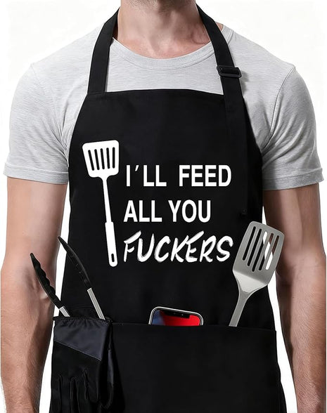 ZOORON Funny Black Chef Aprons for Men Adjustable BBQ Grill Kitchen Cooking Aprons with Pockets, Grill Accessories