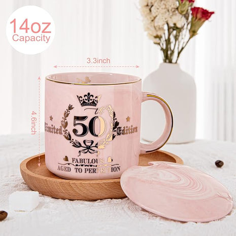 50th Birthday Gifts for Women Her, Fabulous 50 Aged to Perfection, 14oz Gold Pattern Coffee Mug, Cool Gifts Idea for Turning 50 Year old Mom, Wife, Daughter, Sister, Friends, Aunt, Nice Gift Boxed