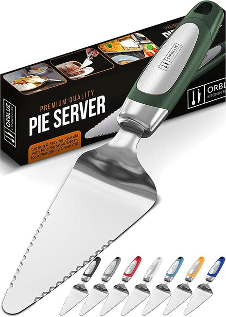 Orblue Pie Server, Essential Kitchen Tool, Serrated on Both Sides, Great for Right or Left Handed Chef, Stainless Steel Flatware, Cake Cutter, Dark Green