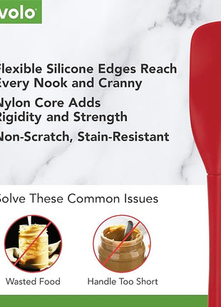 Tovolo Flex-Core All-Silicone Long-Handled Jar Scraper Spatula, Angled Turner Head, Kitchen Tool With Flat Back & Curved Front for Scooping & Scraping, Cayenne