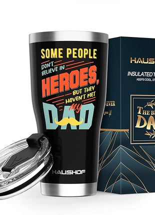 HAUSHOF Dad Gifts Tumbler 20oz Stainless Steel, Birthday Gifts for Father/Husband/Men from Daughter, Son, Kids, Wife - Heroes Dad, Black
