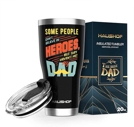 HAUSHOF Dad Gifts Tumbler 20oz Stainless Steel, Birthday Gifts for Father/Husband/Men from Daughter, Son, Kids, Wife - Heroes Dad, Black