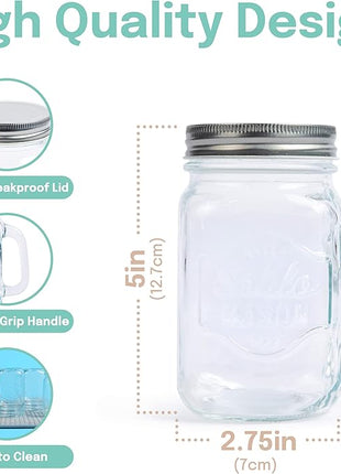 Estilo Mason Jar, 16 oz, Set of 6, Glass Drinking Cups with Handles, Tin Lids, Overnight Oats Jars, Smoothie Cups