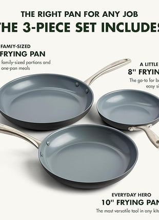 GreenPan Lima Hard Anodized 8" 10" & 12" Frying Pan Skillet Set, Ceramic Nonstick, PFAS-Free Nontoxic Pots & Pans, Oven & Broiler Safe, Stainless Steel Handles, Cookware for Eggs & Omelet, Gray