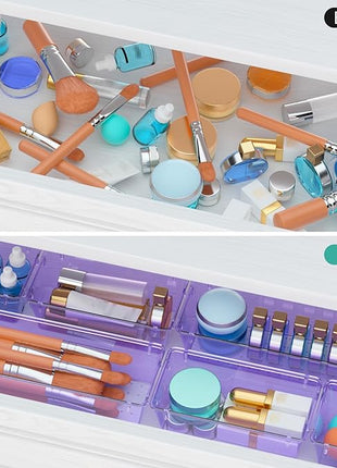 WOWBOX 9 Pack Clear Drawer Organizer Set, Acrylic Drawer Storage Trays, Storage Bins for Makeup, Cosmetics, Jewelries, Utensils, Gadgets, Office, Purple