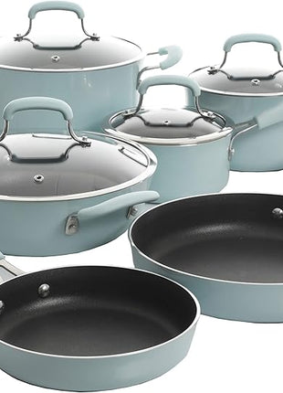 Kenmore Elite Andover Nonstick Platinum Forged Aluminum Cookware Set, 10-Piece, Glacier Blue