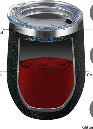 MEWAY 12oz/16 Pack Wine Tumbler Glasses with Lid - Stemless Double Wall Vacuum Stainless Steel Glitter Tumbler - Keeping Cold & Hot Cup for Coffee,Gift for Women(Rainbow Black,Set of 16)