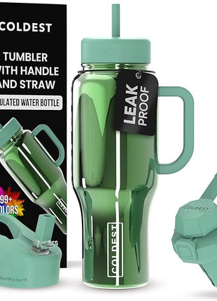 Coldest Tumbler with Handle and Straw - 100% Spill Proof Tumbler with Straw (3 Lids) - Stainless Steel Insulated Leakproof Tumblers for Women & Men - 36 oz (Avocado Reflections)