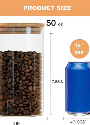 YUNCANG Glass Food Storage Jars 50oz [Set of 6],Clear Glass Food Storage Containers with Airtight Bamboo Lid Stackable Kitchen Canisters for Candy,Cookie,Rice,Sugar,Flour,Pasta