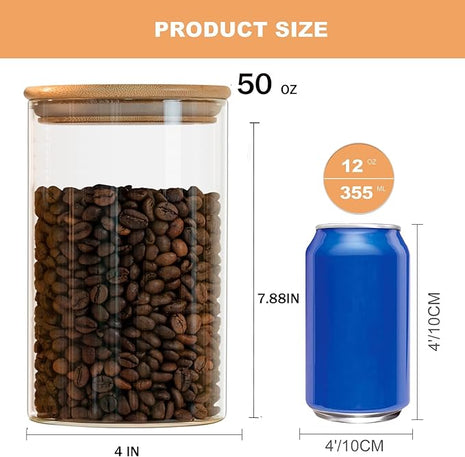 YUNCANG Glass Food Storage Jars 50oz [Set of 6],Clear Glass Food Storage Containers with Airtight Bamboo Lid Stackable Kitchen Canisters for Candy,Cookie,Rice,Sugar,Flour,Pasta