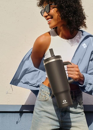 40 oz Tumbler with Handle and Straw: Stainless Steel Insulated Tumbler Keeps Cold for 24 Hours, Leakproof Travel Cup Fits in Cup Holder and BPA-Free, Black Night