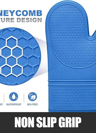 Rorecay 6pcs Oven Mitts and Pot Holders Sets for Kitchen, Extra Long Non-Slip Silicone Oven Gloves Heat Resistant 500 Degrees Potholders Hot Pads for Baking Cooking, Quilted Liner, Lake Blue