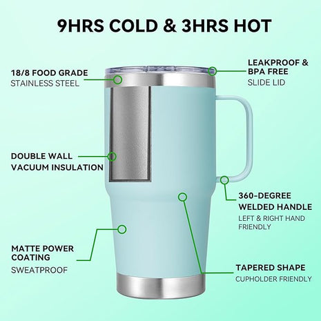 20 oz Stainless Steel Tumbler with Handle Bulk Metal Insulated Tumblers Travel Coffee Mug with Handle Double Wall Tumbler Cup with Lid and Straw, Mint Green 6 Pack
