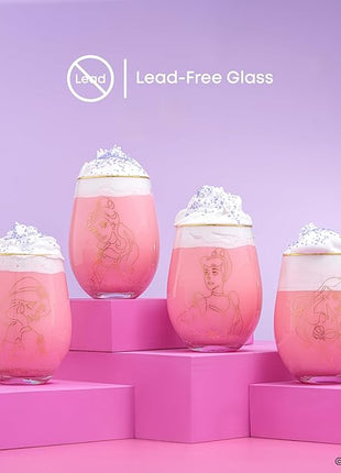 JoyJolt Disney Princess Sketch Stemless Drinking Glasses, 19oz Glass Cups ft Princess Jasmine Ariel Belle Cinderella, Disney Princess Kitchen Glassware Set of 4, Disney Gifts for Adults