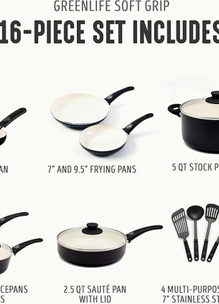 GreenLife 16 Piece Nonstick Cookware Set, Soft Grip Non-Toxic PFAS-Free Ceramic Pots & Pans, Dishwasher & Oven Safe, Frying, Sauce, Utensils, Glass Lids, Stay-Cool Handles, Wobble Free, Black & Cream
