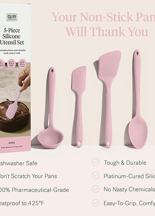 GIR: Get It Right - 5 Piece Essentials All Purpose Set - Ladle, Spatula, Flip, Spoon & Spoonula, Non-stick, Heat Resistant, Dishwasher Safe, Kitchen Utensils, Baking Supplies - Rose