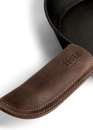 Hide & Drink, Full Grain Leather Hot Handle, Cast Iron Protector, Panhandle Potholder, Double Layered, Double Stitched, Slides On/Off Easily onto Metal Skillet Grips, Handmade, Bourbon Brown