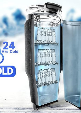 Meoky 32oz Tumbler with Handle, Stainless Steel Travel Mug with 2-in-1 Straw and Sip Lid, Vacuum Insulated Coffee Mug, 100% Leak Proof, Keeps Cold for 24 Hours or Hot for 8 Hours (Night)