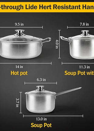 Wodillo 6Pcs Pots and Pans Set, Stainless Steel Pot Set, Nonstick Kitchen Cookware Set, Induction Pots Set with Stay-Cool Handle, Works with Electric and Gas Cooktops, Dishwasher Safe