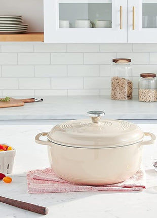 Lodge 7.5 Quart Enameled Cast Iron Dutch Oven with Lid – Dual Handles – Oven Safe up to 500° F or on Stovetop - Use to Marinate, Cook, Bake, Refrigerate and Serve – Sandalwood