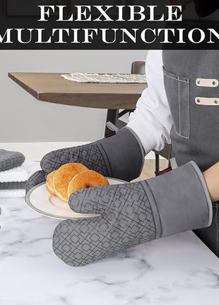 Oven Mitts and Pot Holders Sets 6pcs, Kitchen Oven Glove,High Heat Resistant 550 Degree Extra Long Oven Mitts and Potholders with Non-Slip Silicone Surface for Apartment Essentials (Grey) (Gray)