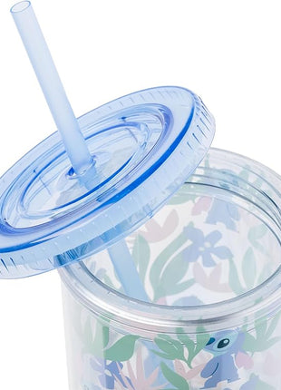 Silver Buffalo Disney Lilo and Stitch Cute Floral and Leaves Pattern Plastic Tall Cold Cup with Lid and Straw, 20 Ounces