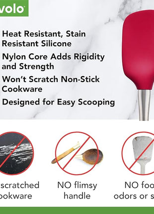 Tovolo Spoon Spatula Spoonula with Stainless Steel Handle Ergonomic Grip Viva Magenta, Silicone Scoopula Kitchen Utensil Non Scratch Easy Clean Dishwasher Safe Heat Resistant Flex Core Scoop Spatula