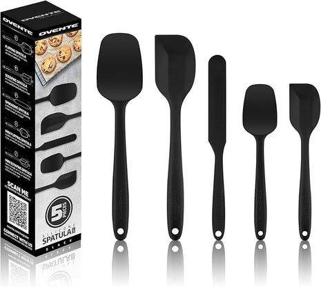 OVENTE Silicone Spatula Set of 5, Food Grade Rubber Spatula with High Heat Resistant, BPA-Free and Dishwasher Safe, Nonstick Kitchen Utensils for Baking, Cooking and Mixing, Black SP12305B
