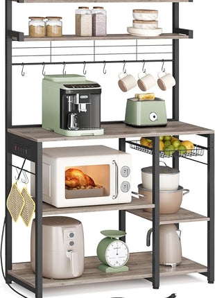 VASAGLE Bakers Rack with Power Outlet, 35.4 Inches Microwave Stand, Coffee Bar, 4 AC Outlets, with Adjustable Shelves, 8 S-Hooks, Basket, Spice Racks, Heather Greige and Ink Black UKKS031K02