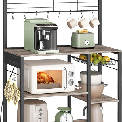 VASAGLE Bakers Rack with Power Outlet, 35.4 Inches Microwave Stand, Coffee Bar, 4 AC Outlets, with Adjustable Shelves, 8 S-Hooks, Basket, Spice Racks, Heather Greige and Ink Black UKKS031K02