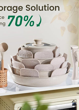 Chef Power Ceramic Nonstick Pots and Pans Set 19 Piece with Detachable Handle, Induction Dishwasher Oven Safe Cookware Set, RV Kitchen Set Removable Handle, Mocca Taupe