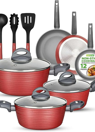 NutriChef 12-Piece Nonstick Kitchen Cookware Set-PTFE/PFOA/PFOS-Free Heat Resistant Lacquer Kitchen Ware Pots Pan Set Dark Gray/Red- Saucepot, Pans, Cooking Pot Oven Pot, Lid, Utensil - NCCW12RED