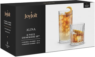 JoyJolt Drinking Glasses Set of 8, Alina Ribbed Glassware. 12oz Rocks Glass and 14oz Highball Glass set. Cocktail Glasses, Iced Coffee Cup or Water cups. Heavy Base Glassware Set