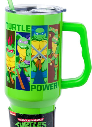 Silver Buffalo Teenage Mutant Ninja Turtles Turtle Power Stainless Steel Tumbler with Handle Featuring Leonardo, Donatello, Raphael, and Michelangelo, Fits in Standard Cup Holder, 40 Ounces