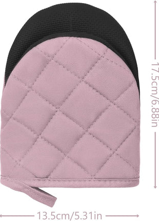1 Pair Short Oven Mitts, Heat Resistant Silicone Kitchen Mini Oven Mitts for 500 Degrees, Non-Slip Grip Surfaces and Hanging Loop Gloves, Baking Grilling Barbecue Microwave Machine Washable
