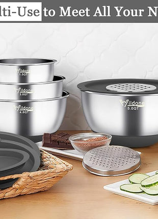 Wildone Mixing Bowls with Airtight Lids, 22 PCS Stainless Steel Mixing Bowls Set, 3 Grater Attachments, Measurement Marks & Non-Slip Bottom, Size 5, 4, 3, 2,1.5, 0.63QT, Ideal for Mixing & Prepping