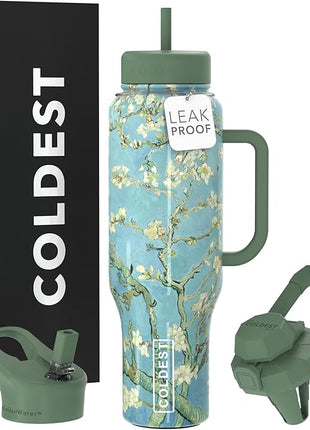 Coldest Tumbler with Handle and Straw, 100% Spill Proof Tumbler with Straw (3 Lids), Stainless Steel Insulated Leakproof Tumblers for Women Men, Cup Holder Friendly, 46 oz (Almond Blossom)