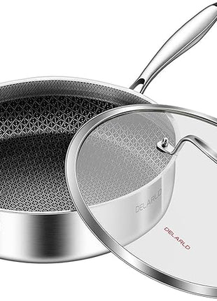DELARLO Frying Pan,12 inch Tri-Ply Stainless Steel Skillet,6 Quart Saute Pan with lid, Compatible with All Cooktops,Oven Up to 660℉,Chicken Fryer,Dishwasher-Friendly