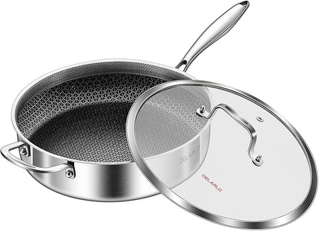 DELARLO Frying Pan,12 inch Tri-Ply Stainless Steel Skillet,6 Quart Saute Pan with lid, Compatible with All Cooktops,Oven Up to 660℉,Chicken Fryer,Dishwasher-Friendly