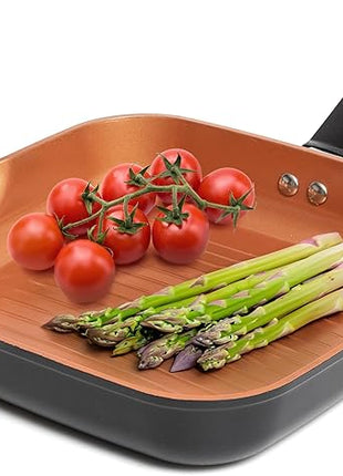 Moss & Stone Square Grill Pan For Indoor Cooking, 9.5In Frying Pan Copper Non-Stick Saute Fry Pan, Induction Copper Pan for Meats & Vegetables, Aluminum Griddle Nonstick Stove Top Grill Pan