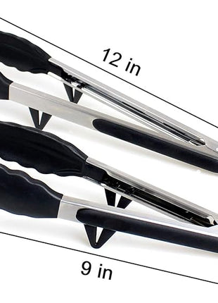Silicone Tongs for Air Fryer, 2 Pack, Black Color, Premium Silicone BPA Free Non-Stick Stainless Steel Locking Food Tongs, 9-Inch and 12-Inch