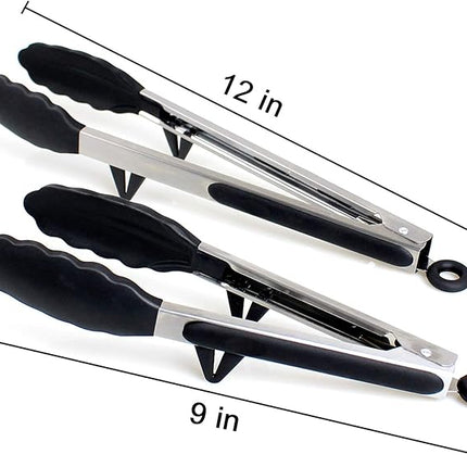 Silicone Tongs for Air Fryer, 2 Pack, Black Color, Premium Silicone BPA Free Non-Stick Stainless Steel Locking Food Tongs, 9-Inch and 12-Inch